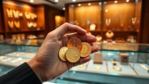 Hand holding gold coins at a jewelry store counter