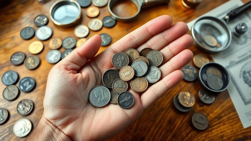 Hand holding vintage coins over table in Chicago