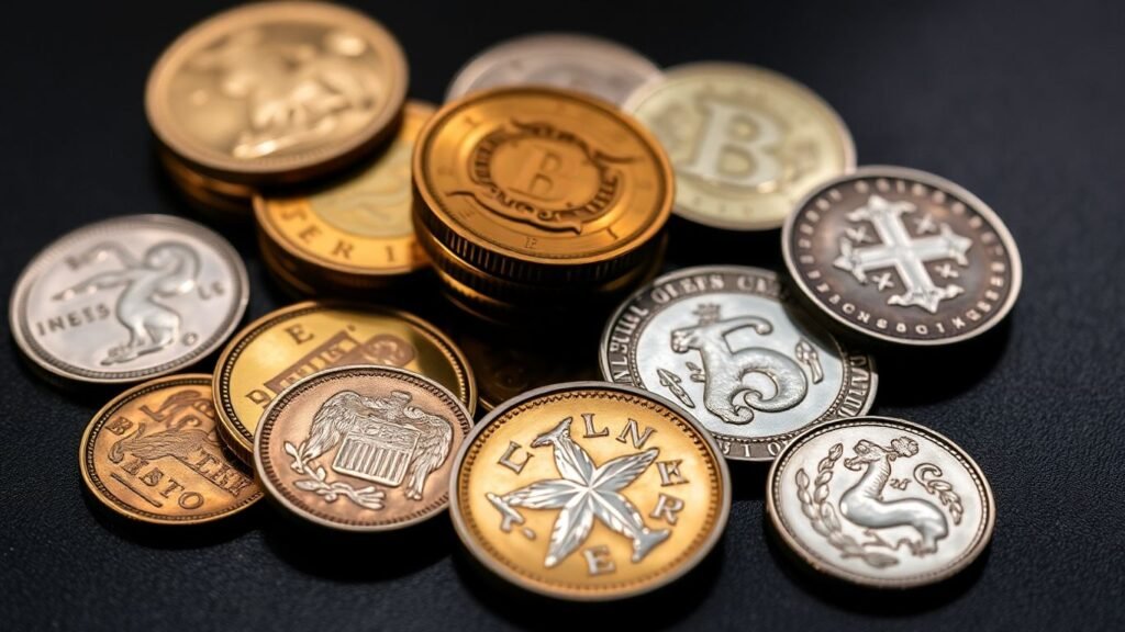 Rare shiny coins arranged on dark elegant surface