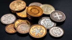 Rare shiny coins arranged on dark elegant surface