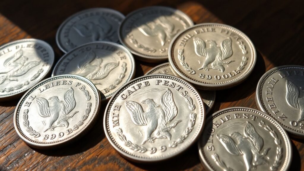 Vintage Morgan silver dollars on wooden table