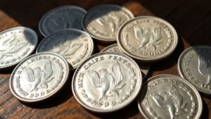 Vintage Morgan silver dollars on wooden table