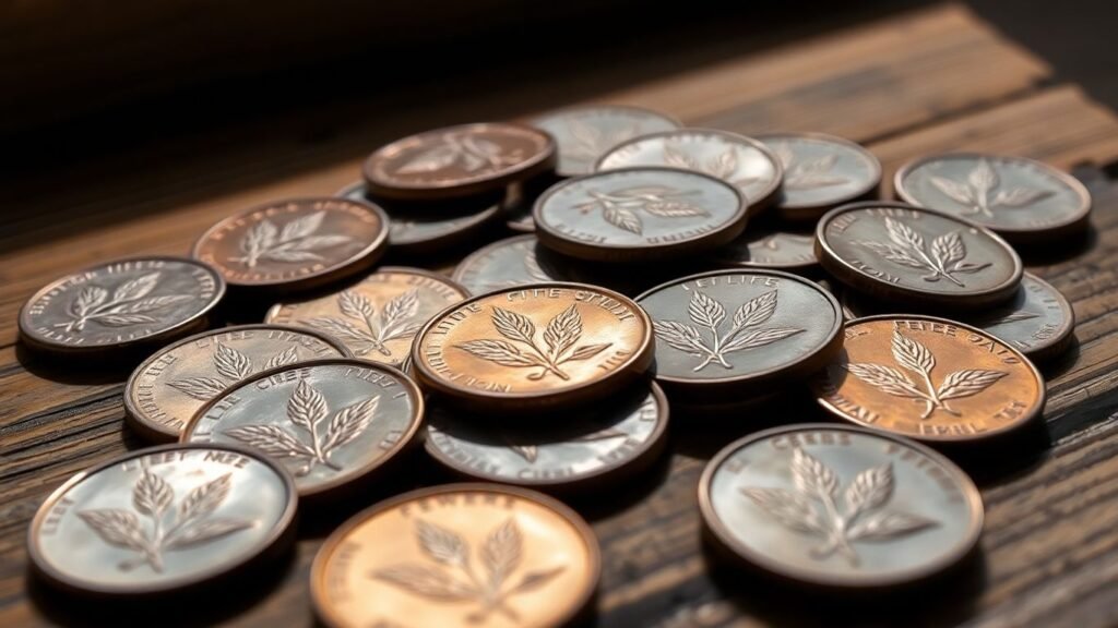Vintage wheat pennies on a wooden surface.