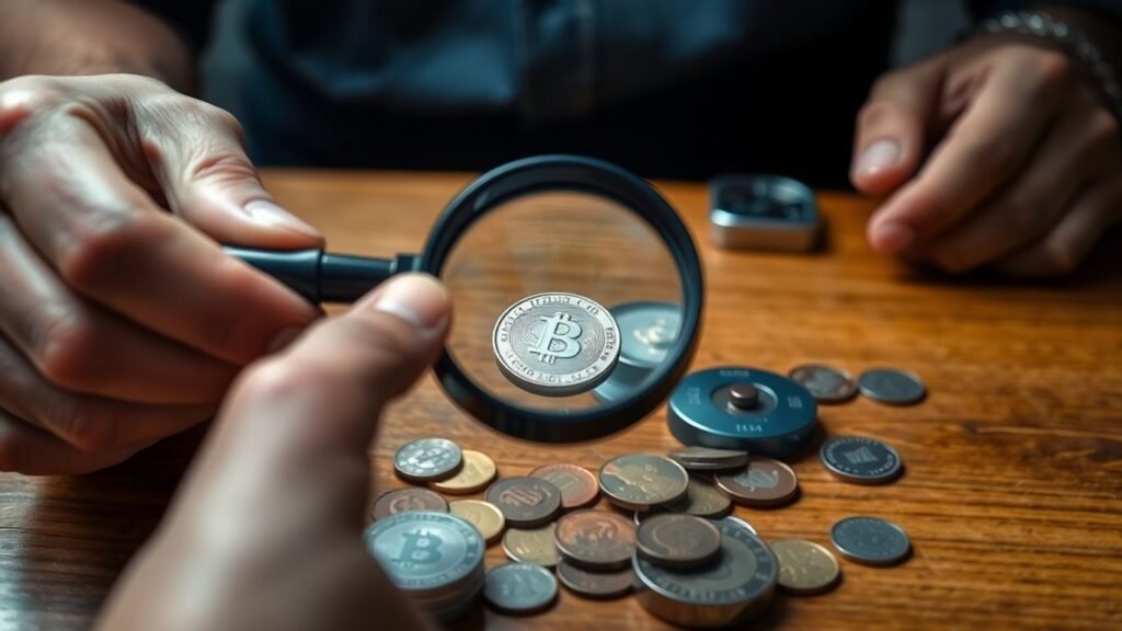 Hands inspecting coin with magnifying glass at home