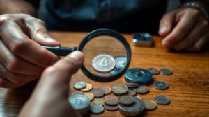 Hands inspecting coin with magnifying glass at home