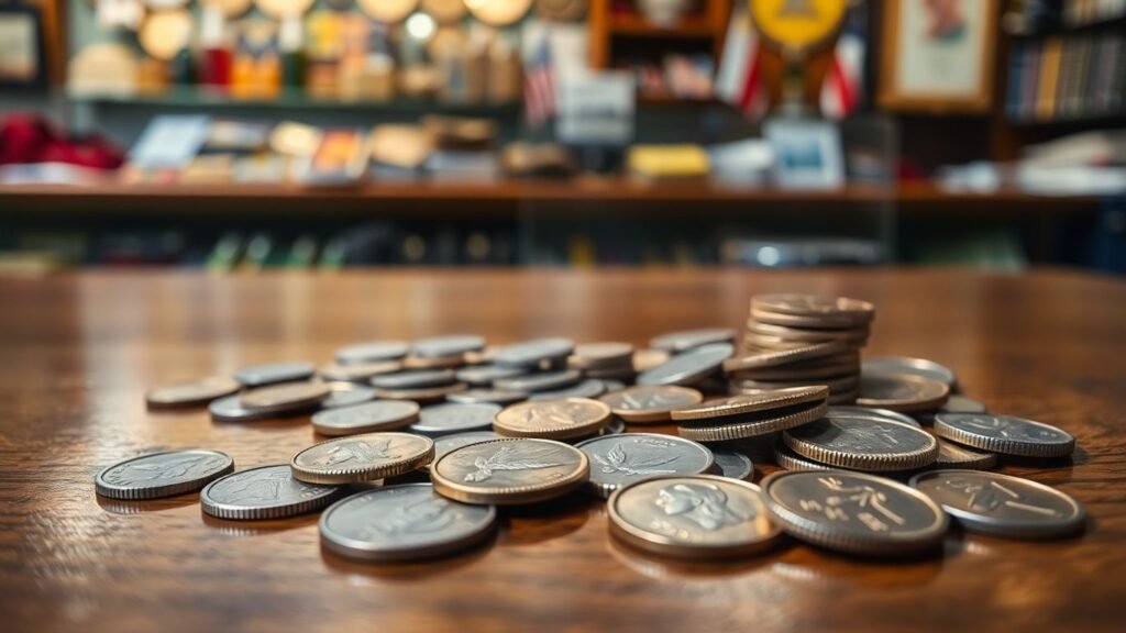 Rare coins on table near pawn shop counter