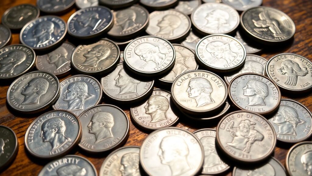 US coins on a wooden surface