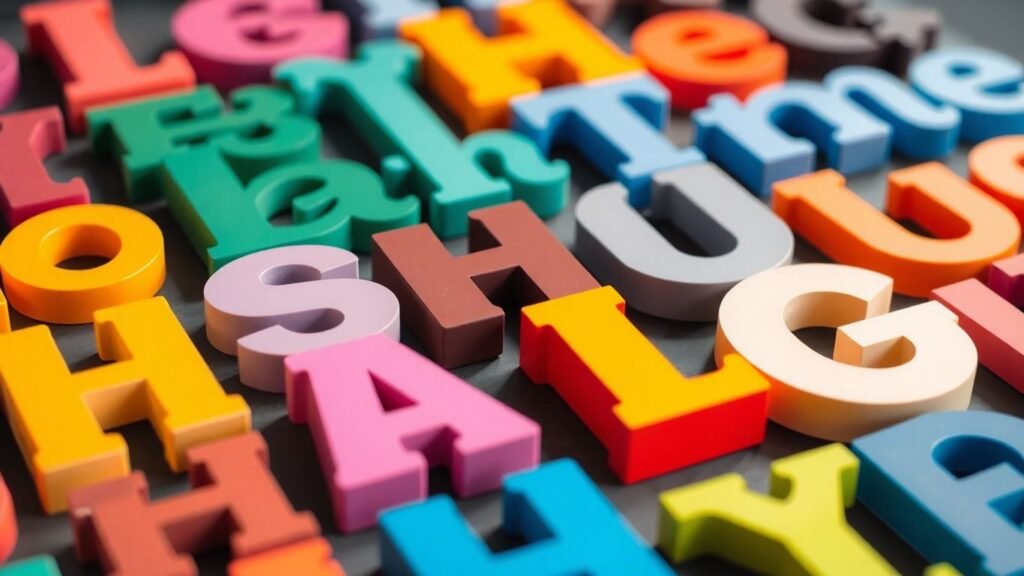 Colorful type specimens arranged neatly for assembly.