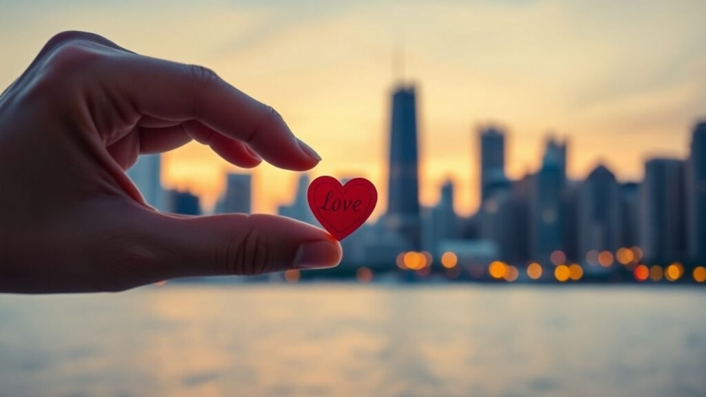 Love token with Chicago skyline background.