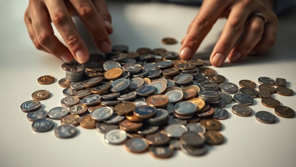 Hands organizing a variety of coins in Chicago.
