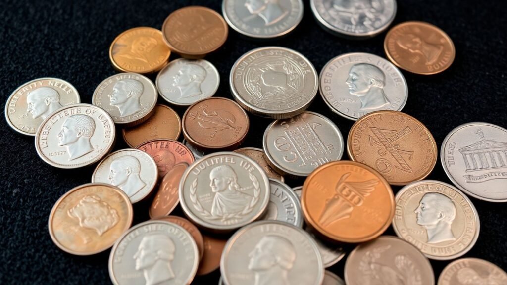 US coins sorted by denomination on a dark surface.