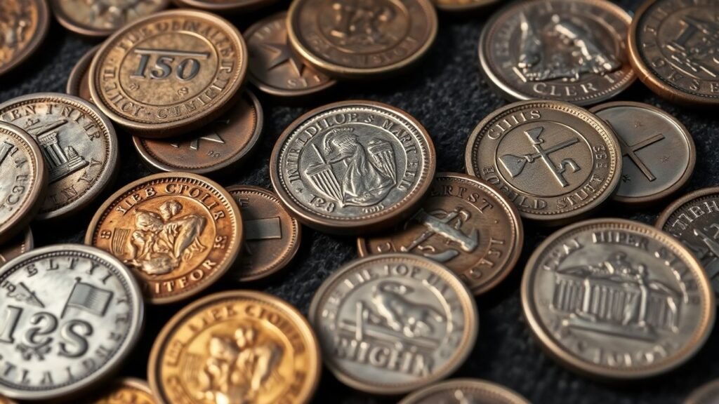 Civil War tokens with historical designs on a dark surface.