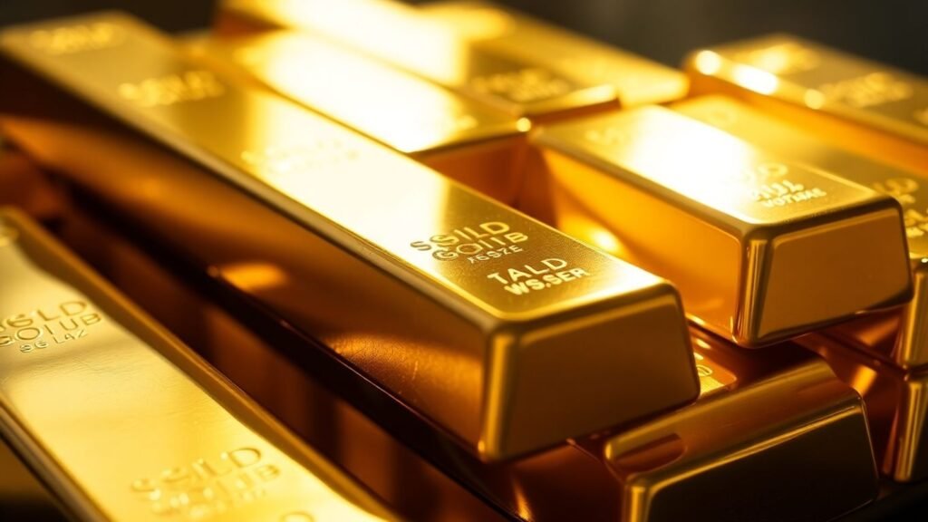 Gold bullion bars stacked, reflecting light.