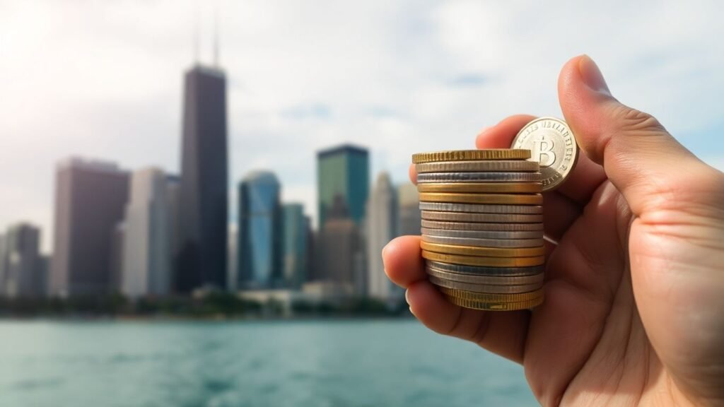 Chicago skyline with hand holding coins