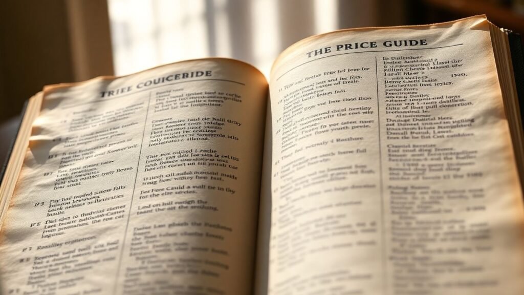 Open price guide book with sunlight illuminating the page.