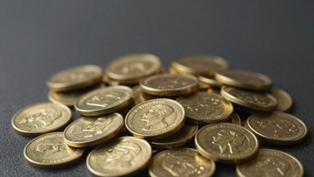 Pile of gleaming gold coins with intricate details.