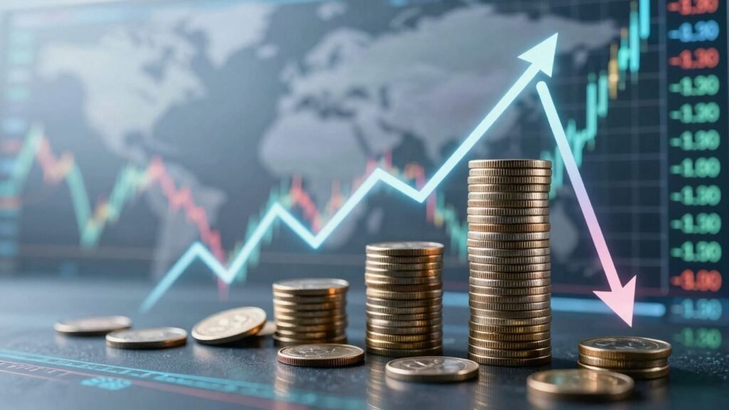 Coins fluctuating with economic cycles.