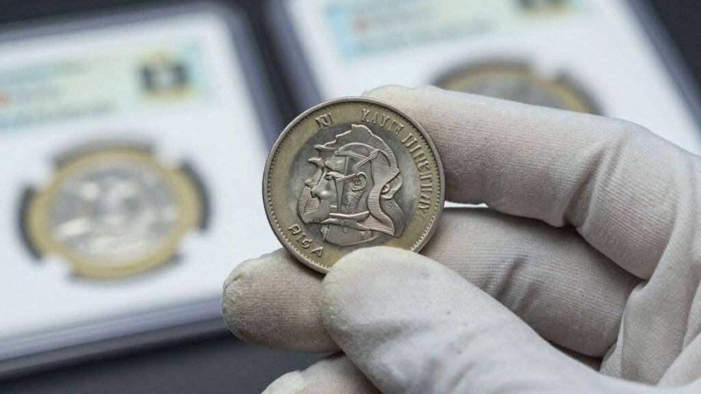 Gloved hand holding a pristine, valuable coin.