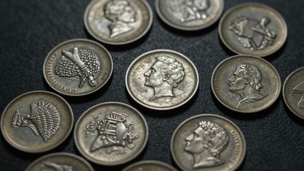 Collection of rare coins with visible designs and imperfections.