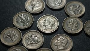 Collection of rare coins with visible designs and imperfections.