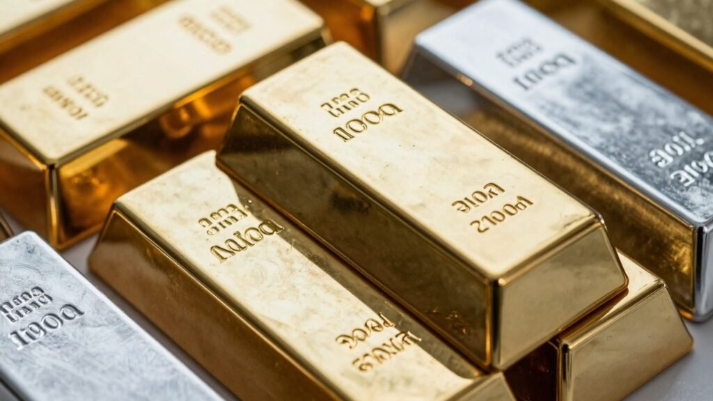 Gold and silver bars stacked, reflecting light.