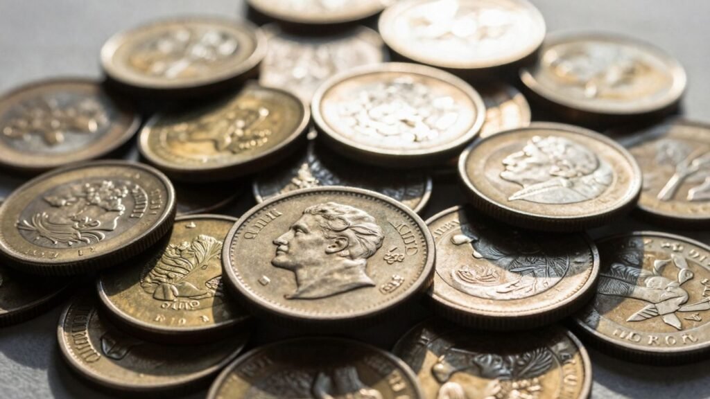 Stack of vintage coins with detailed textures.