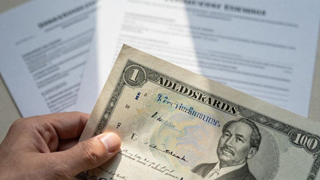 Hand holding stock certificate, financial documents blurred background.